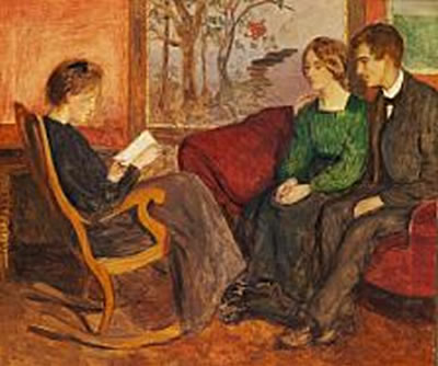 Anna Sophie Lorenze Petersen : Interior with a woman in a rocking-chair and a couple in a sofa, presumably Anna Petersen herself, and the painter Willumsen and his wife