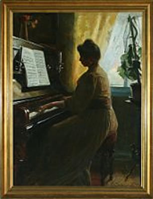 Walter Schwartz : Portrait of the artist's mother Alba Schwartz by the piano in Skagen