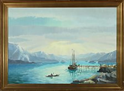 Evelyn Boje Thorbjorn : Greenlandic bay with supply vessel and sealer