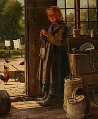 Isidor Kalckar : A girl knitting near a door