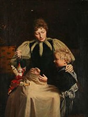 Luplau Janssen : Mother and child playing with a puppet.