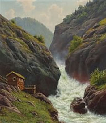 Svend Drews : Norwegian landscape with cottage by river.