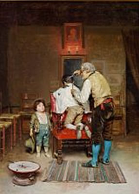 Vilhelm Rosenstand : A little boy is getting a haircut.