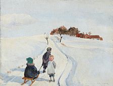 Eiler Sorensen : Winter day in the country with children playing with a toboggan.