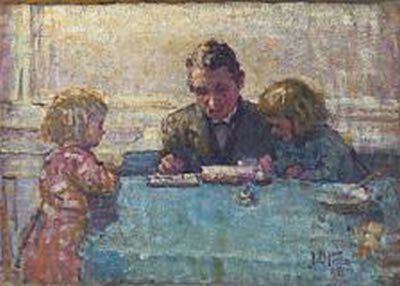 Johannes Ottesen : Interior with a father and two daughters around a table.