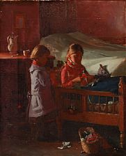 Hans Andreas Hessellund : Interior with two small girls playing