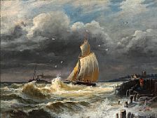 Georg Sommer : Coastal scene with a sailing boat in high waves