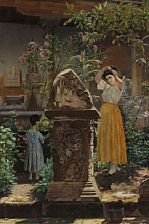 Niels Fristrup : View from an Italian garden with young woman and child by a pillar