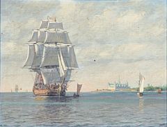 Georg Valdemar Gundorff : The ship of the line 'Indfødsretten at Kronborg Castle and Morning fog; Seascape with a sailing ship on open sea