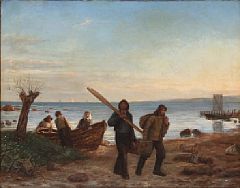 Christian Rudolf Vogelsang : Beach scene with fishermen at sunset