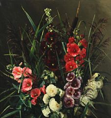 Emmy Marie Caroline Thornam : Still life with hollyhocks and reed