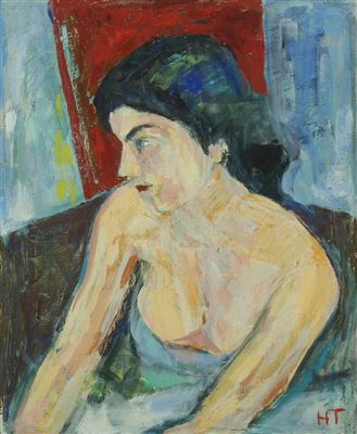 Helmuth Thomsen : Seated young woman in a blue dress