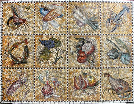 Kay Simmelhag : A large rectangular stone mosaic with motifs in the shape of animals, fruits and flowers