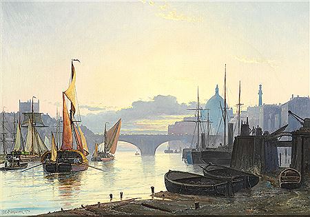 Holger Henrik Herholdt Drachmann : Ships on River Thames, in the background St Paul's Cathedral, London.