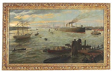 Karl Josef Muller : View of Hamburg Harbour with the steamship 'Fürst Bismarck'.