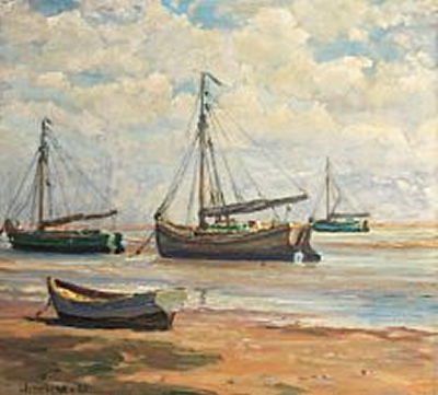 Heinrich Dohm : Boats on shore at Sønderho, low tide