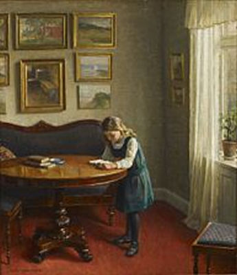 Axel Johansen : Interior with girl reading by a table