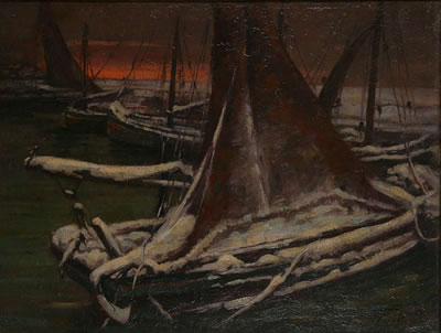 Jan Maes : Sloops under the snow at sunset