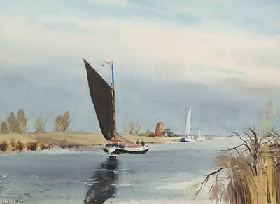 Leslie L Hardy Moore : Norfolk Wherry near St Benet's Abbey ruins