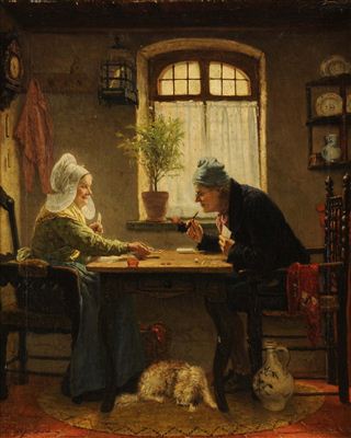 Jean Arnould Heyermans : Interior scene with elderly couple playing cards, with dog at their feet