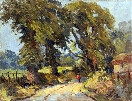 Harry Edmunds Crute : Impressionist wooded landscape with figure in lane, unsigned impressionist coastal scene verso