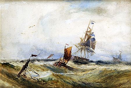 William James Callcott : Stormy shipping scene