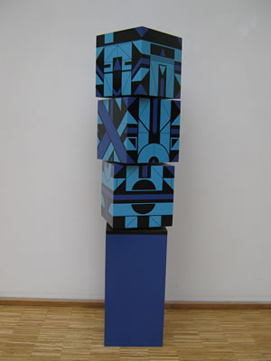 Michel Bisbard : Houten sculptuur 'Totem Rotatif bleu/noir/bleu'/Sculpture en bois