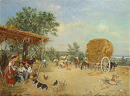 Léon Philippet : Landelijk tafereel met personen, dieren en een hooiwagen / Personnages, animaux et chariot à foin dans une scène rurale