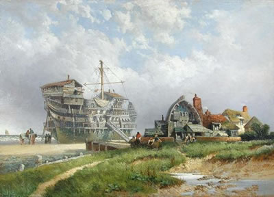 Henry Eugene Valter : A Beached Hulk, used as Cottages, at Sheringham, Norfolk