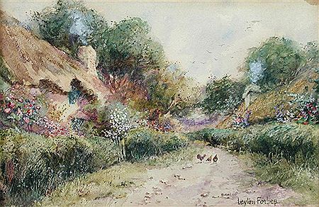 Leyton Forbes : Country Lane with thatched cottages and chickens