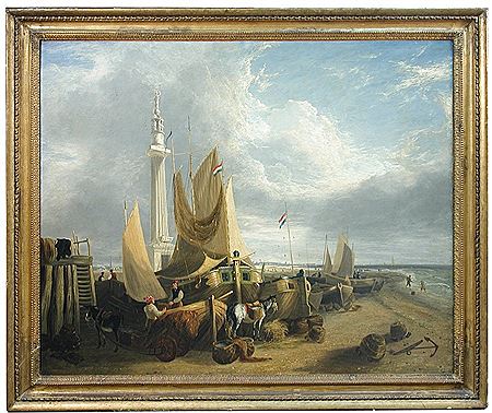 George Vincent : Fisher folk and Dutch vessels on Yarmouth beach, beneath the Trafalgar Monument