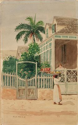 Elmer Read : LADY LOOKING OUT DOOR OF HOUSE BESIDE BANANA TREE and FRUIT SELLER  (pair)