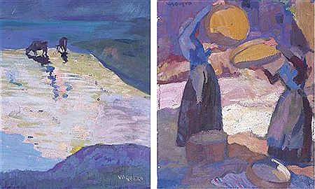 Joaquin Vaquero Palacios : Pair of pictures; Valley Lake, Women winnowing wheat