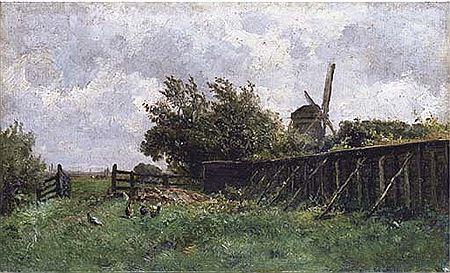 Carlos de Haes : Dutch landscape with chickens and a mill in the background