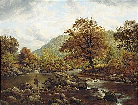 Thomas Spinks : A landscape with a fisherman by a stream