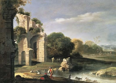 Bartholomeus Breenbergh : Figures in a landscape with classical ruins