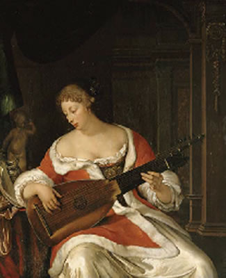 Eglon Van der Neer : A lady playing a lute in an interior