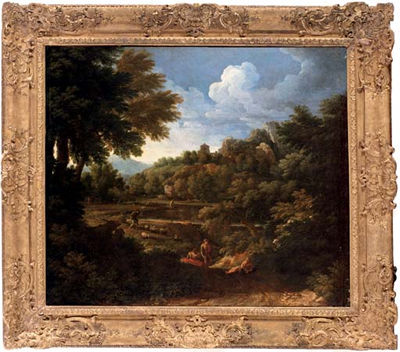 Gaspard Dughet : A wooded landscape with figures by a river