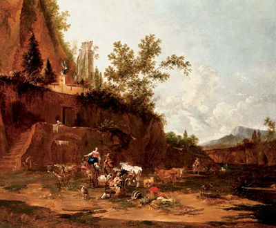 Jan Frans Soolmaker : Herders resting in an italianate landscape