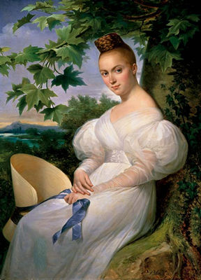 Merry-Joseph Blondel : Portrait of a lady, seated in a landscape, in a white dress holding a straw hat