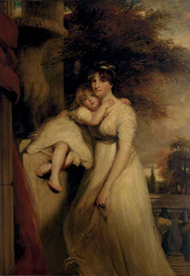 John Hoppner : Portrait of Lady Mildmay, standing three-quarter-length, in a white dress, with her child, a landscape beyond