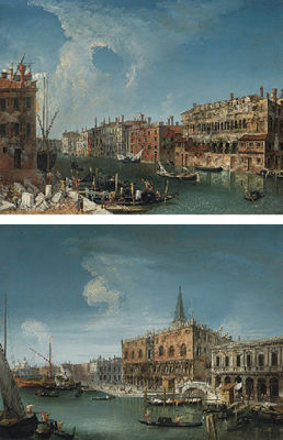 Michele Giovanni (Michiel) Marieschi : A stonemason's yard on the Grand Canal, Venice, with a view of the Palazzo Ca'Tron, the Palazzo Belloni Battagia, the Fondaco del Megio and the Fondaco dei Turchi; and The Ducal Palace with the Campanile, the Libreria and Santa Maria della Salute beyond