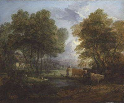 Thomas Gainsborough : A wooded landscape with a herdsman, cows and sheep near a pool