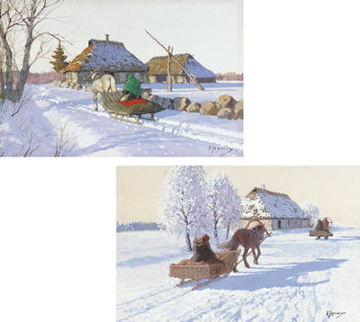 Andrei Afanasievich Egorov : A SLEIGH RETURNING TO A FARMSTEAD; TWO SLEIGHS BEFORE A BARN (2 WORKS)