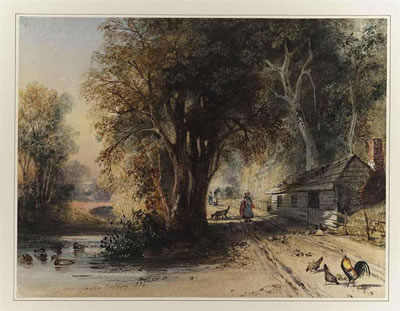 Newton Smith Limbird Fielding : A woodland landscape with figures, birds and animals on a track beside a river