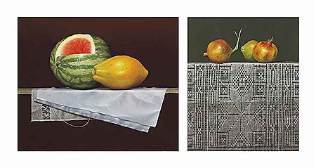 Hernan Miranda : A.) Untitled (Still Life with Watermelon and Papaya);  b.) Untitled (Still Life with Fruit and Lace)