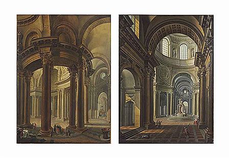 Pierre Antoine Demachy : A cathedral interior with architects working; and A cathedral interior with a baptismal font and figures (2)