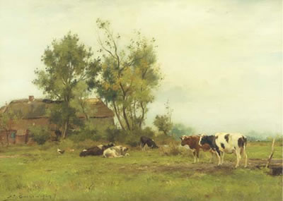 Adrianus Johannes Groenewegen : Dutch pastures: live-stock by a farm