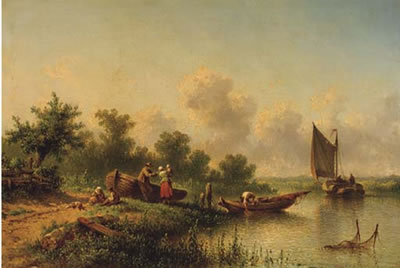 Johannes Hilverdink : A fisherfamily standing by a river on a sunny day