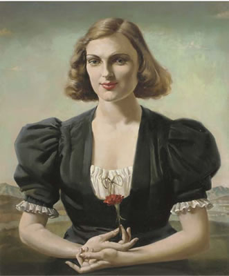 Arthur Royce Bradbury : A portrait of a woman holding a red carnation